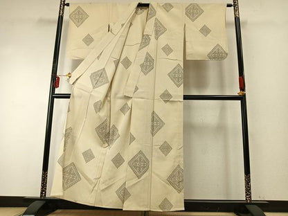 平和屋着物▽本塩沢 単衣 菱文 正絹 逸品 AABE5680fy