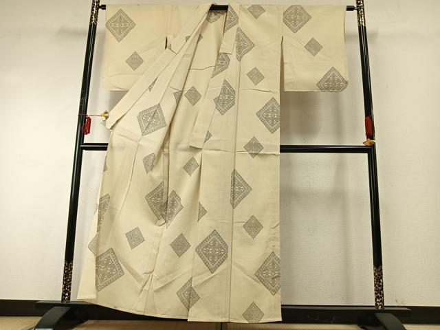 平和屋着物▽本塩沢 単衣 菱文 正絹 逸品 AABE5680fy