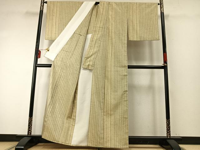 平和屋着物▽ぜんまい紬 単衣 縞 正絹 逸品 AABE5682fy