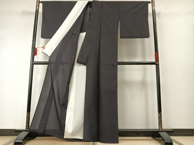 平和屋着物▽お召 単衣 矢羽文 正絹 逸品 AABE5684fy