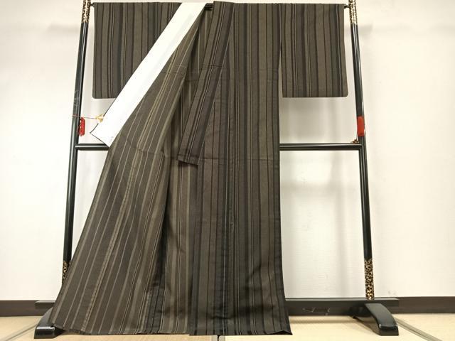 平和屋着物▽お召 単衣 110亀甲 間道 反端付き ロング丈 正絹 逸品 AABE5687fy