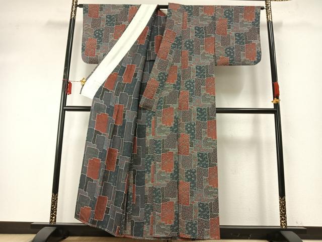 平和屋着物▽上質な小紋　単衣　色紙花文　正絹　逸品　AABE5693fy