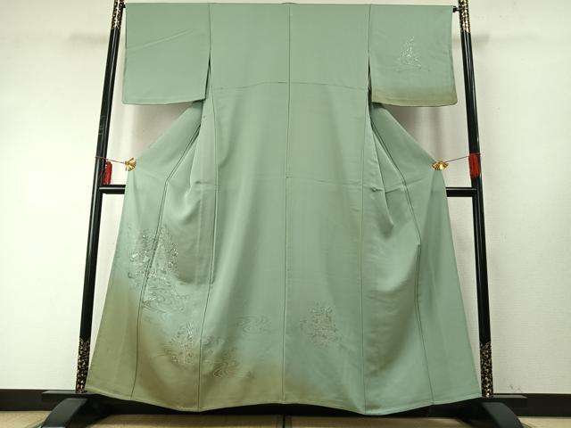 平和屋着物▽訪問着 単衣 中国三大刺繍 汕頭刺繍 スワトウ刺繍 総刺繍 御所車花文 暈し染め 正絹 逸品 未使用 AABE5698fy