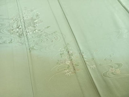 平和屋着物▽訪問着 単衣 中国三大刺繍 汕頭刺繍 スワトウ刺繍 総刺繍 御所車花文 暈し染め 正絹 逸品 未使用 AABE5698fy