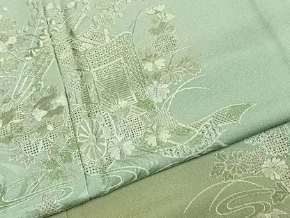 平和屋着物▽訪問着 単衣 中国三大刺繍 汕頭刺繍 スワトウ刺繍 総刺繍 御所車花文 暈し染め 正絹 逸品 未使用 AABE5698fy
