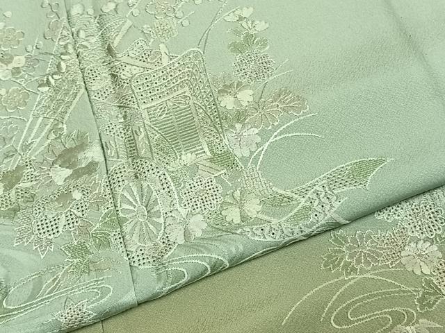 平和屋着物▽訪問着 単衣 中国三大刺繍 汕頭刺繍 スワトウ刺繍 総刺繍 御所車花文 暈し染め 正絹 逸品 未使用 AABE5698fy