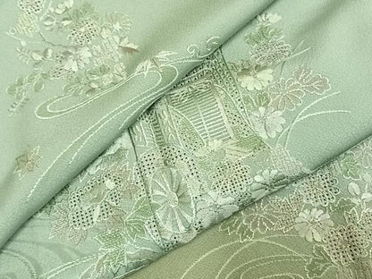 平和屋着物▽訪問着 単衣 中国三大刺繍 汕頭刺繍 スワトウ刺繍 総刺繍 御所車花文 暈し染め 正絹 逸品 未使用 AABE5698fy