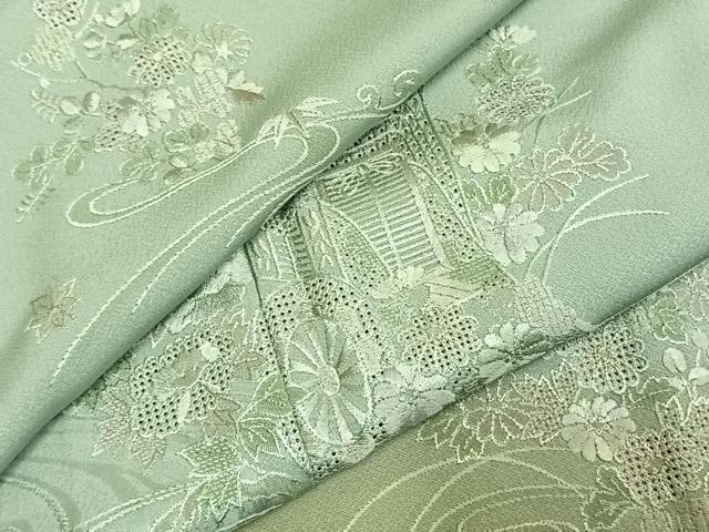 平和屋着物▽訪問着 単衣 中国三大刺繍 汕頭刺繍 スワトウ刺繍 総刺繍 御所車花文 暈し染め 正絹 逸品 未使用 AABE5698fy