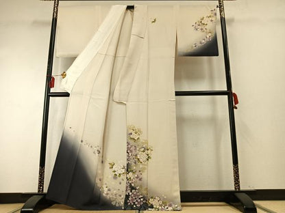 平和屋着物▽訪問着 単衣 草花文 暈し染め 銀糸 金彩 正絹 逸品 AABE5699fy