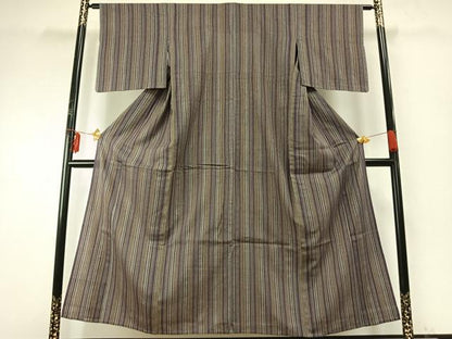 平和屋着物▽上質な紬 単衣 縞 正絹 逸品 AABE5703fy