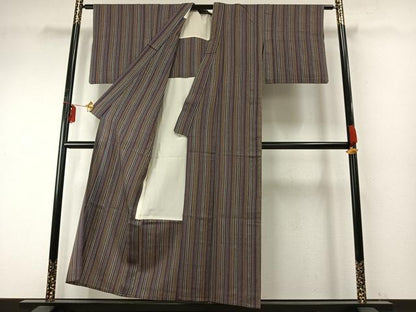 平和屋着物▽上質な紬 単衣 縞 正絹 逸品 AABE5703fy