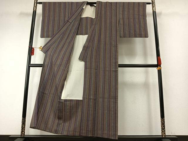 平和屋着物▽上質な紬 単衣 縞 正絹 逸品 AABE5703fy