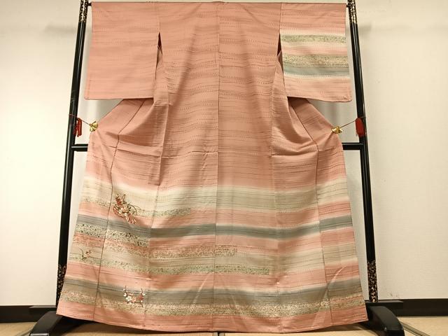平和屋着物▽訪問着 単衣 刺繍 草花文 暈し染め 金糸 金彩 正絹 逸品 AABE5705fy