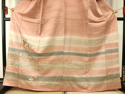 平和屋着物▽訪問着 単衣 刺繍 草花文 暈し染め 金糸 金彩 正絹 逸品 AABE5705fy