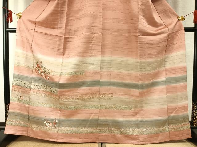 平和屋着物▽訪問着 単衣 刺繍 草花文 暈し染め 金糸 金彩 正絹 逸品 AABE5705fy