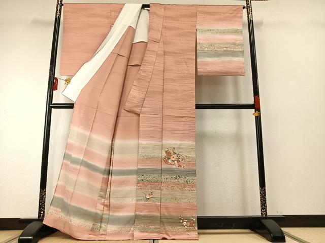 平和屋着物▽訪問着 単衣 刺繍 草花文 暈し染め 金糸 金彩 正絹 逸品 AABE5705fy