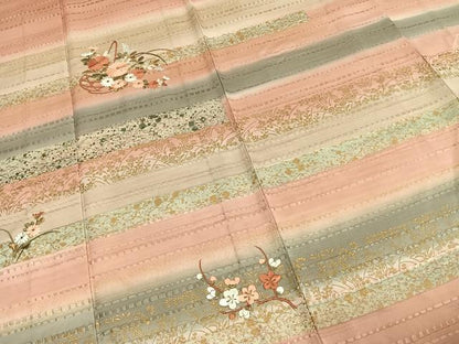 平和屋着物▽訪問着 単衣 刺繍 草花文 暈し染め 金糸 金彩 正絹 逸品 AABE5705fy