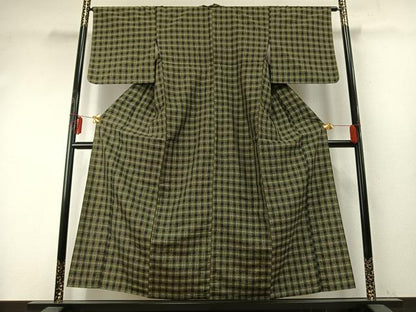 平和屋着物▽本場与那国花織 草木染 手織 単衣 格子 正絹 逸品 AABE5707fy