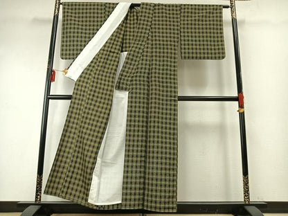 平和屋着物▽本場与那国花織 草木染 手織 単衣 格子 正絹 逸品 AABE5707fy