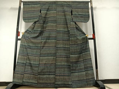 平和屋着物▽上質な紬 単衣 横縞 正絹 逸品 AABE5708fy