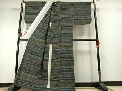 平和屋着物▽上質な紬 単衣 横縞 正絹 逸品 AABE5708fy