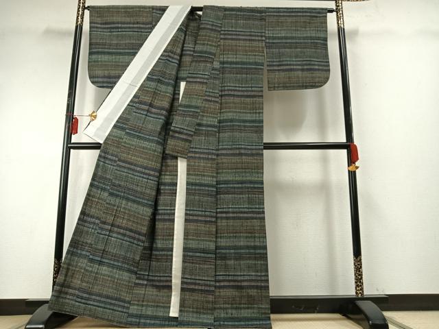 平和屋着物▽上質な紬 単衣 横縞 正絹 逸品 AABE5708fy