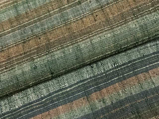 平和屋着物▽上質な紬 単衣 横縞 正絹 逸品 AABE5708fy