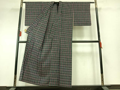 平和屋着物▽上質な紬 単衣 格子 正絹 逸品 AABE5712fy
