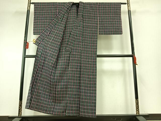 平和屋着物▽上質な紬 単衣 格子 正絹 逸品 AABE5712fy
