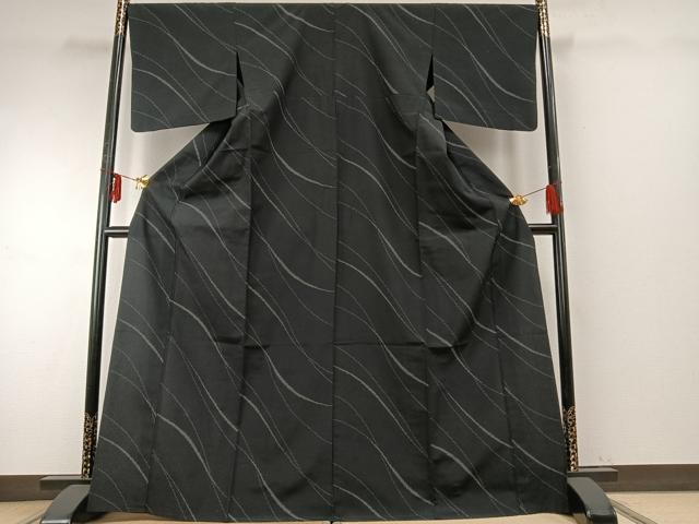平和屋着物▽本塩沢 単衣 110亀甲 変わり縞 黒地 正絹 逸品 AABE5713fy