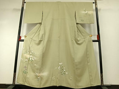 平和屋着物▽訪問着　単衣　友禅　刺繍　草花文　暈し染め　金彩　正絹　逸品　AABE5721fy