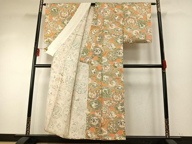 平和屋着物▽上質な小紋 単衣 花絵皿文 正絹 逸品 AABE5722fy