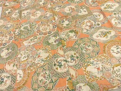 平和屋着物▽上質な小紋 単衣 花絵皿文 正絹 逸品 AABE5722fy