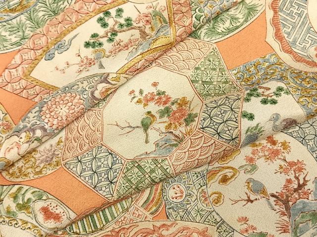 平和屋着物▽上質な小紋 単衣 花絵皿文 正絹 逸品 AABE5722fy