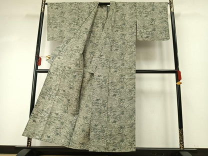 平和屋着物▽上質な紬 単衣 草花文 正絹 逸品 未使用 AABE5726fy