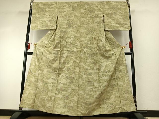 平和屋着物▽上質な紬 単衣 風景花文 正絹 逸品 AABE5731fy