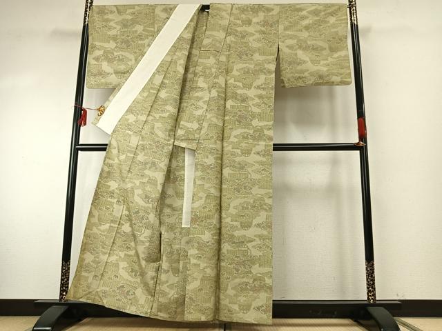 平和屋着物▽上質な紬 単衣 風景花文 正絹 逸品 AABE5731fy
