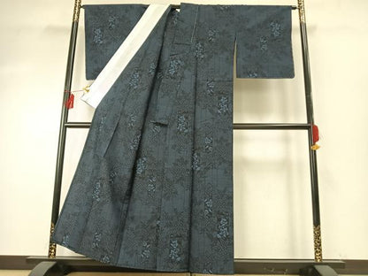 平和屋着物▽上質な紬 単衣 草花文 正絹 逸品 未使用 AABE5732fy