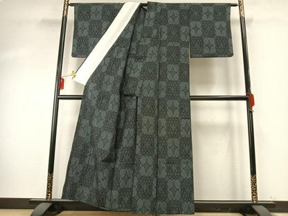 平和屋着物▽本塩沢 単衣 幾何学文様 正絹 逸品 AABE5733fy