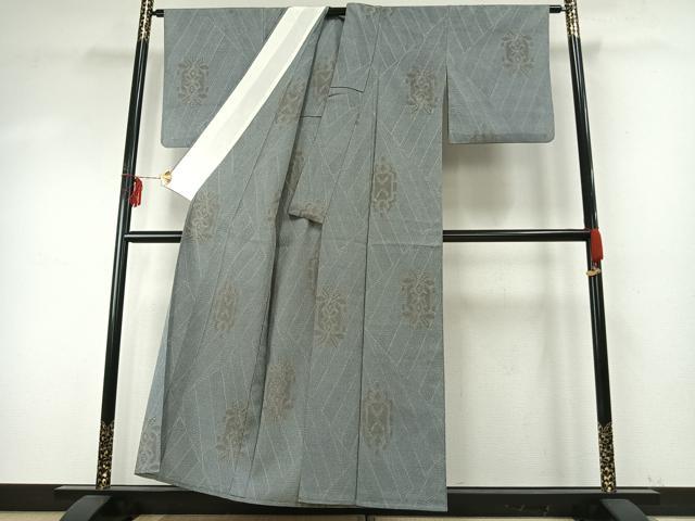 平和屋着物▽本塩沢 単衣 幾何学文様 正絹 逸品 AABE5734fy