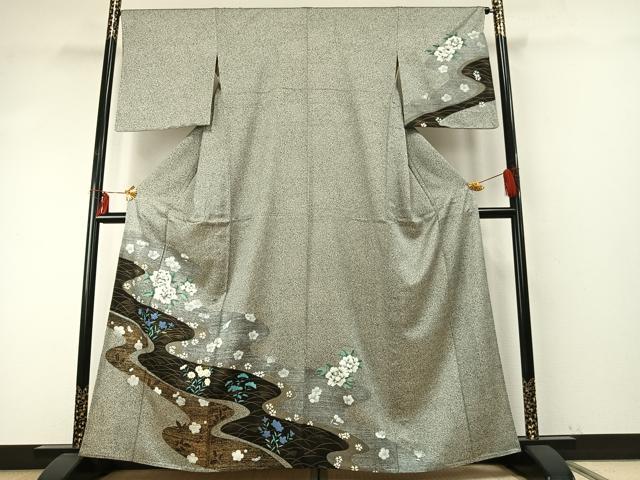 平和屋着物▽訪問着 単衣 流水花文 金彩 正絹 逸品 未使用 AABE5745fy