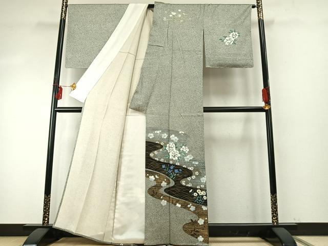 平和屋着物▽訪問着 単衣 流水花文 金彩 正絹 逸品 未使用 AABE5745fy