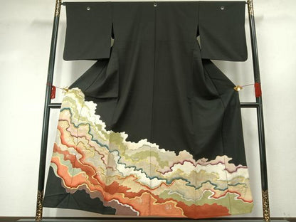 平和屋着物▽豪華黒留袖 単衣 道長文 暈し染め 金糸 金銀彩 正絹 逸品 AABE5747fy