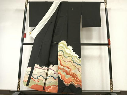 平和屋着物▽豪華黒留袖 単衣 道長文 暈し染め 金糸 金銀彩 正絹 逸品 AABE5747fy