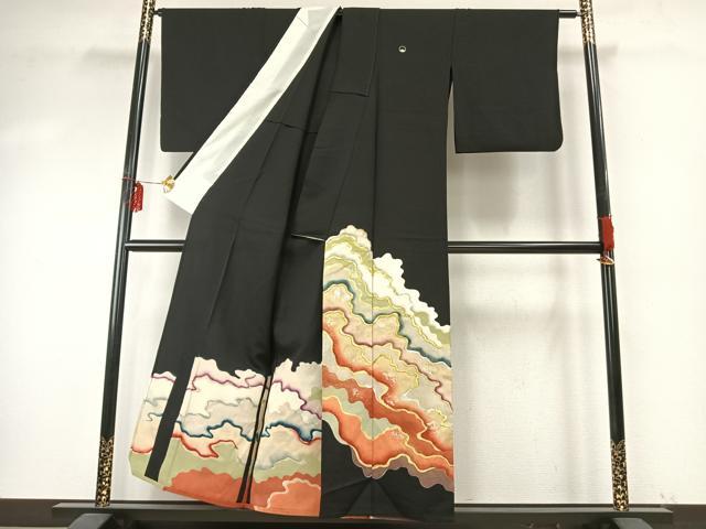 平和屋着物▽豪華黒留袖 単衣 道長文 暈し染め 金糸 金銀彩 正絹 逸品 AABE5747fy