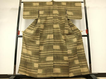 平和屋着物▽上質な紬 単衣 格子 正絹 逸品 AABE5749fy