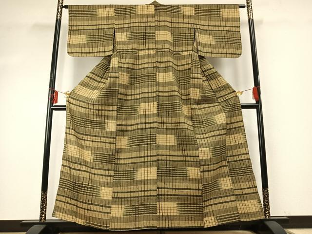平和屋着物▽上質な紬 単衣 格子 正絹 逸品 AABE5749fy