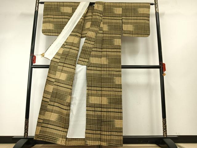 平和屋着物▽上質な紬 単衣 格子 正絹 逸品 AABE5749fy