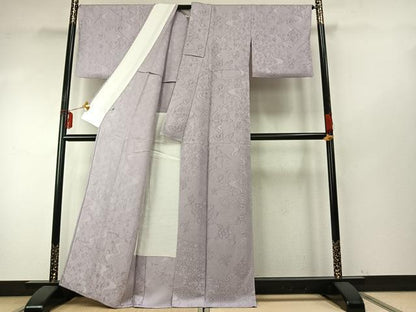 平和屋着物▽無地絵羽訪問着 単衣 草花地紋 白藤色 正絹 逸品 AABE5751fy