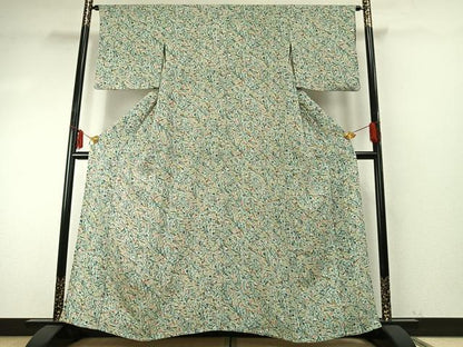 平和屋着物▽上質な小紋　単衣　型染め　草花文　鬼しぼ縮緬　正絹　逸品　AABE5763fy